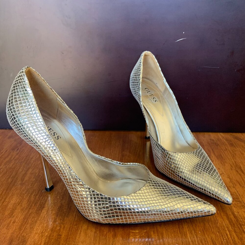 Guess - Gold Reptile Snakeskin Leather Pointed Toe Pumps